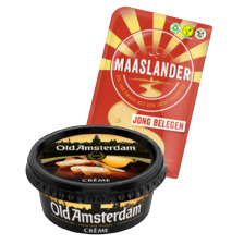 Maaslander kaasplakken 50+
jong of jong belegen
pakje à 150 gram
of Old Amsterdam
crème, borrelblokjes, geraspt, 35+
of 48+ kaas